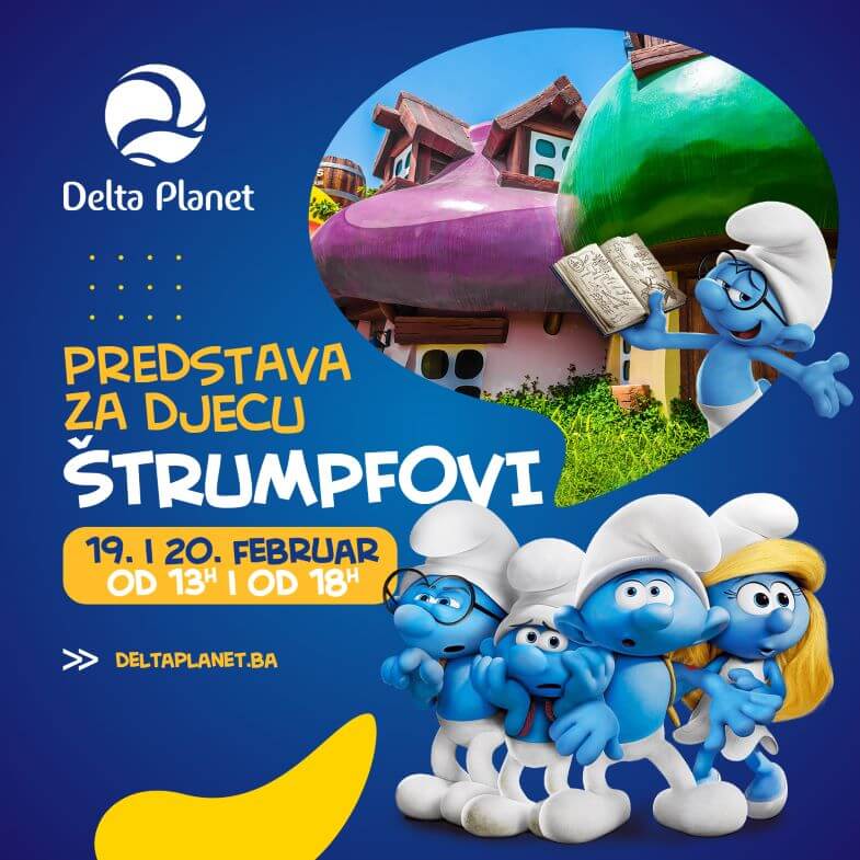 Delta Planet, strumpfovi, predstava za djecu, djecija predstava, strumfovi predstava, program za djecu